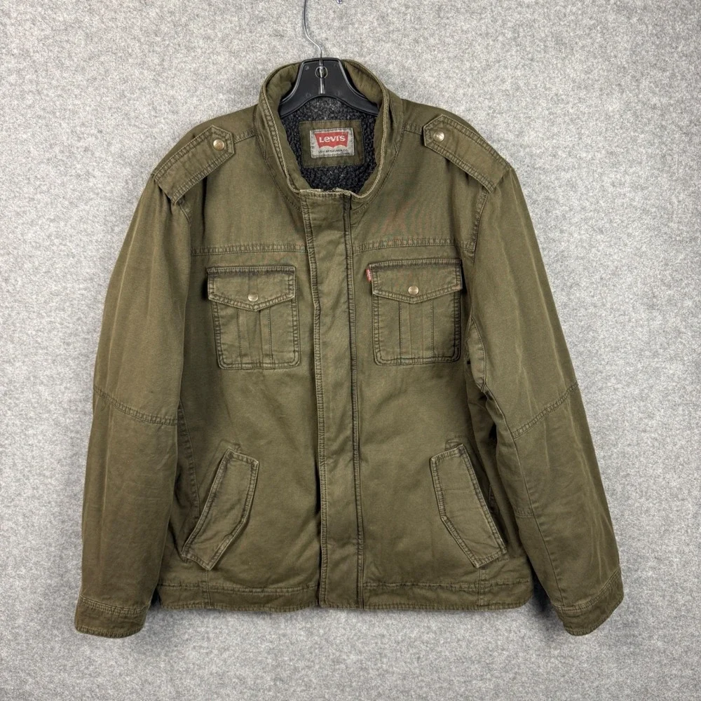Levis Mens XL Sherpa Lined Military Field Jacket Olive Green Cotton Canvas Coat